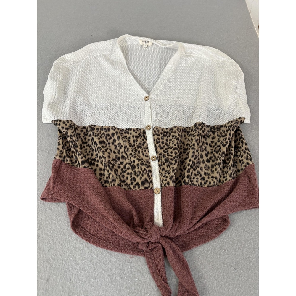 Umgee USA Shirt Womens Medium Leopard Colorblock Waffle Knit Tie Front C19593